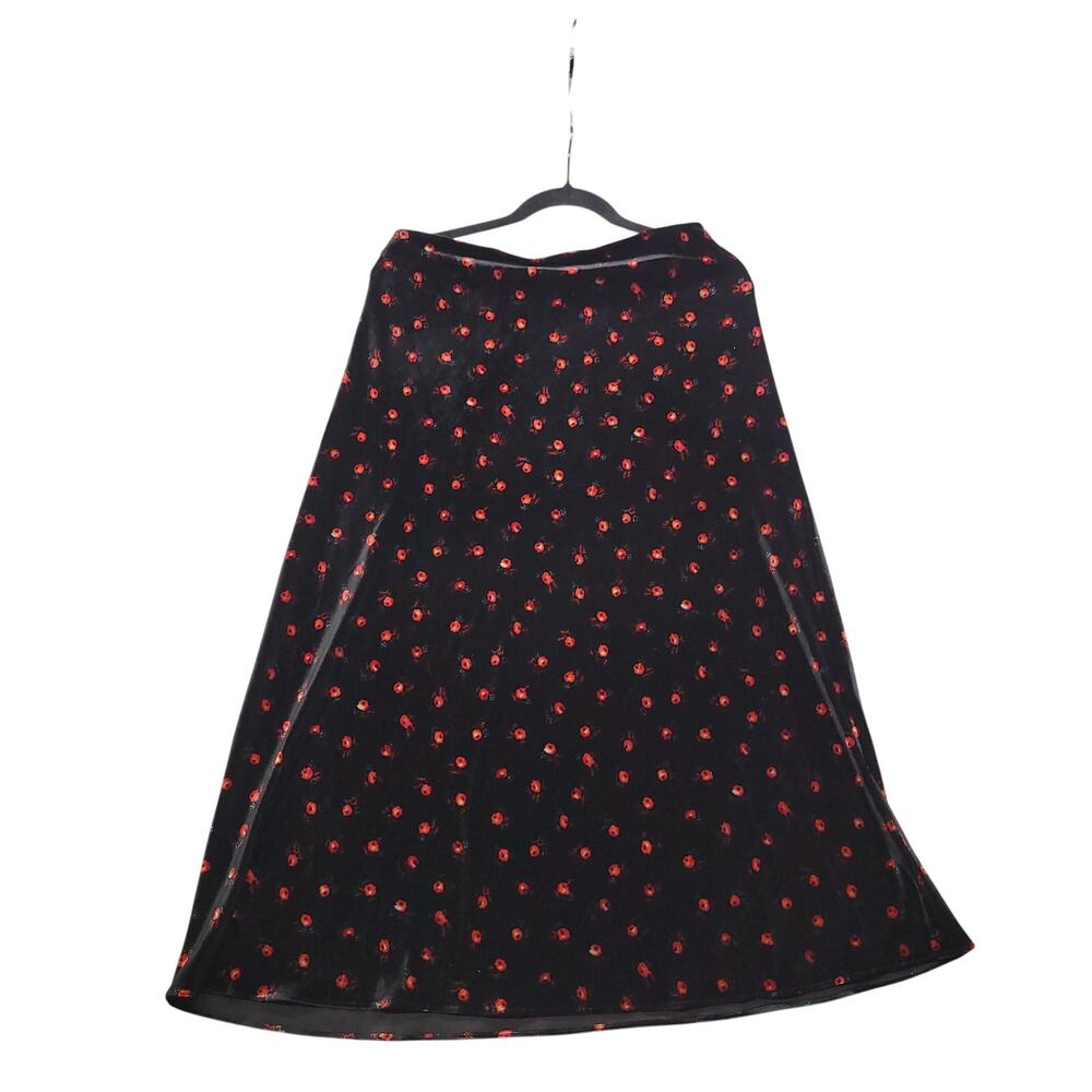 LOFT Womens M Black Velvet Midi Skirt Red Floral Burnout A-Line Holiday Y2K